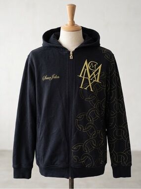 VTG Sean John Black Zip Up Hoodie Gold Embroidered Spellout Graphic Men's Size L